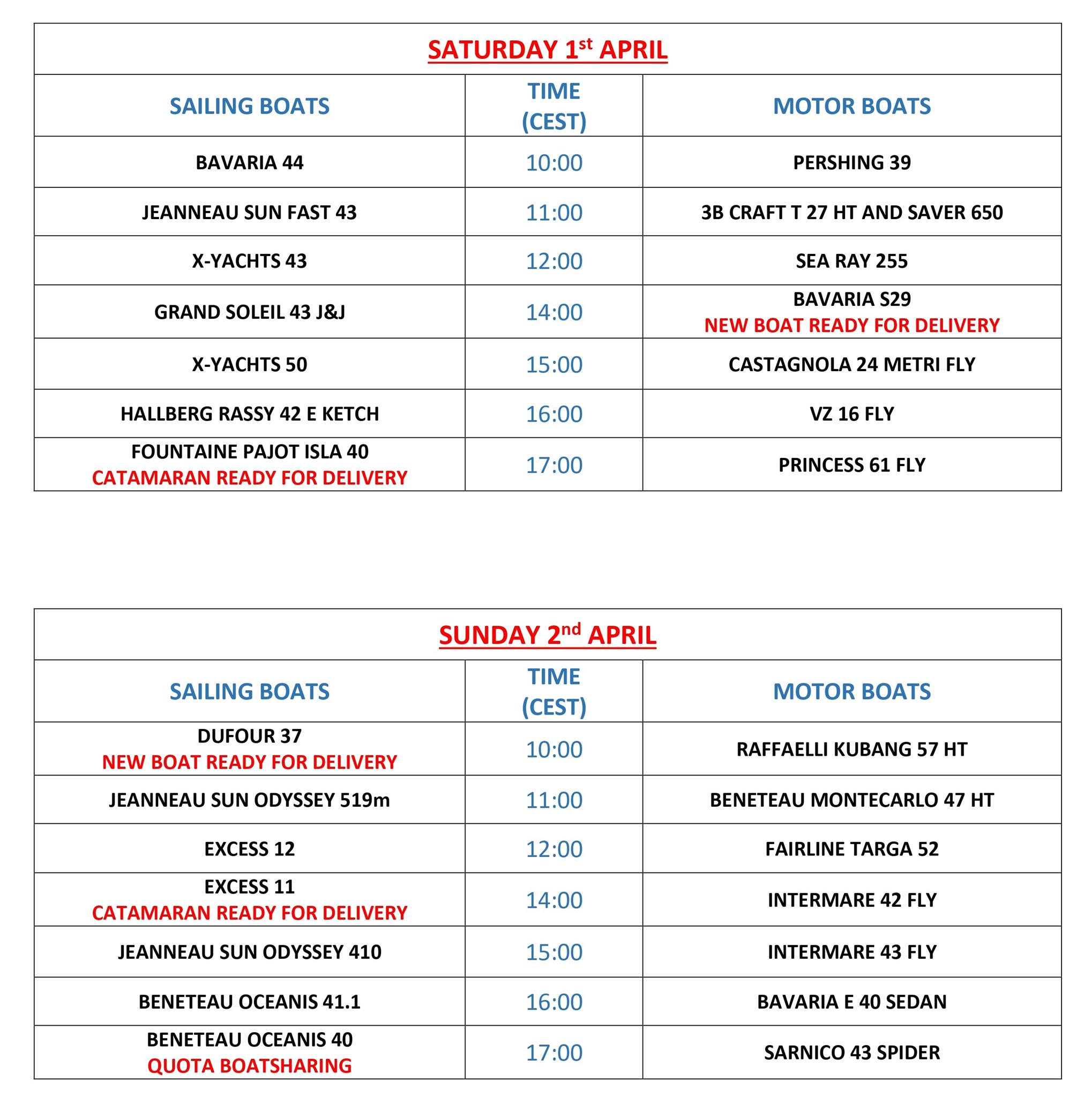 HERE IS THE UPDATED SCHEDULE OF THE 6TH LIVE VIDEO SHOW FOR SECOND-HAND BOATS!